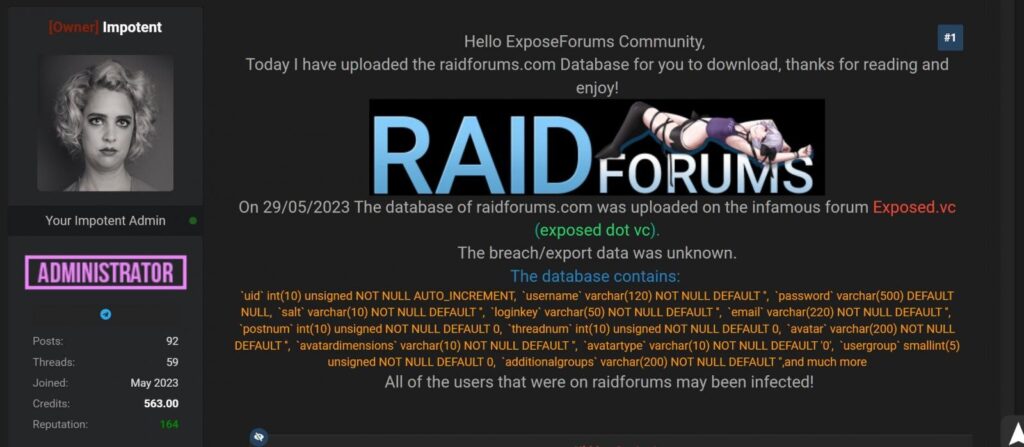 Screen shot, RaidForums, Data Breach
