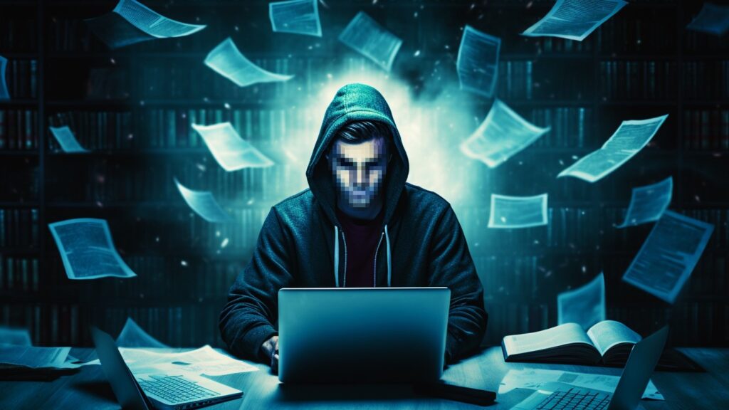 A man in a hoodie sitting at a desk with a laptop amidst an unprecedented data breach.